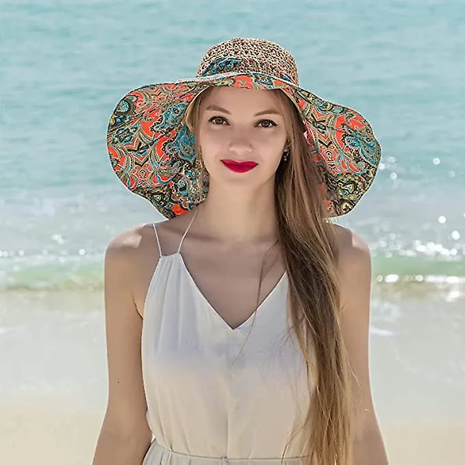 Women Crochet Sun Hat Wide Brim Boho Beach Visor Hats Summer Trendy Beach Cap Foldable & UV Protection