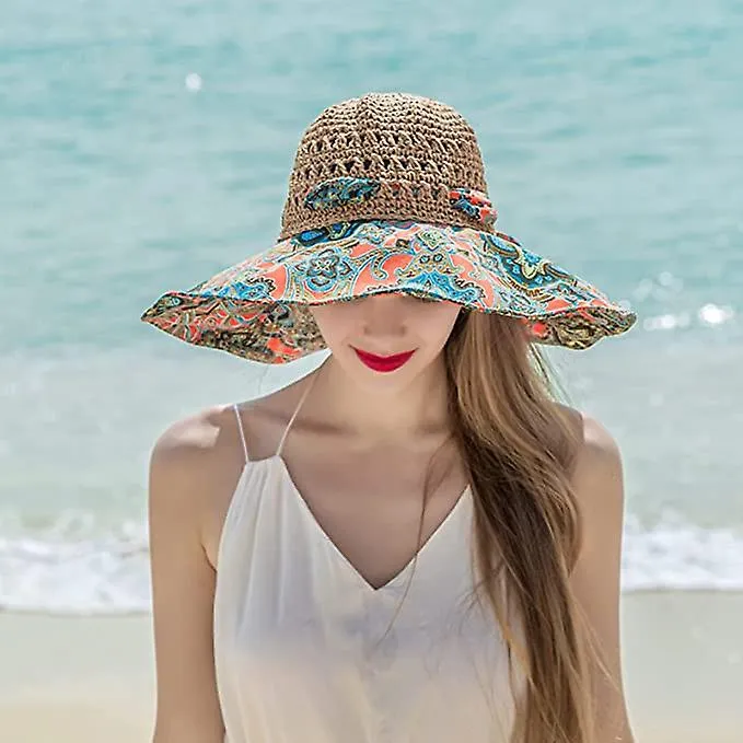 Women Crochet Sun Hat Wide Brim Boho Beach Visor Hats Summer Trendy Beach Cap Foldable & UV Protection