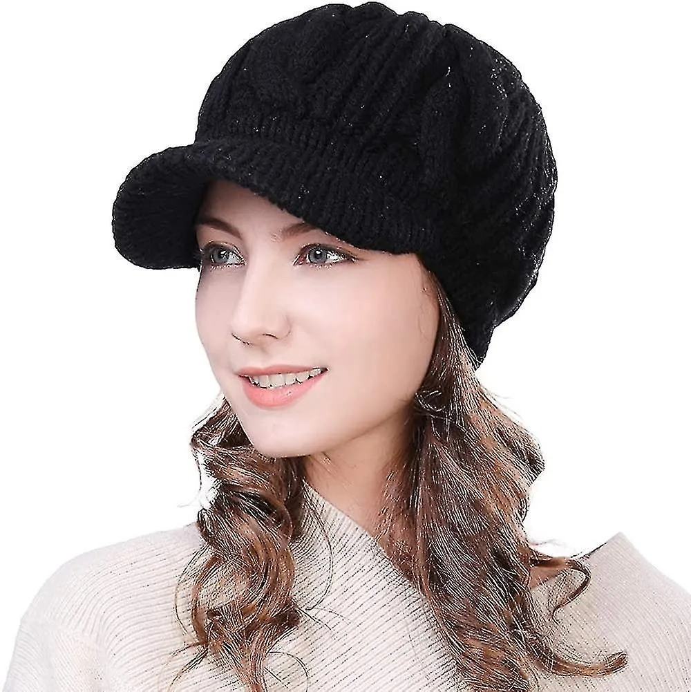 Women's 100% Wool Knit Visor Beanie Newsboy Cap Cold Weather Warm Winter Hat