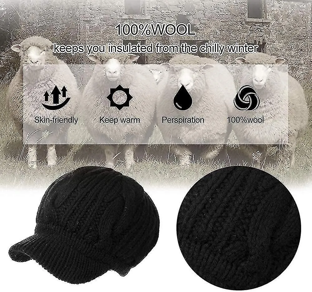 Women's 100% Wool Knit Visor Beanie Newsboy Cap Cold Weather Warm Winter Hat