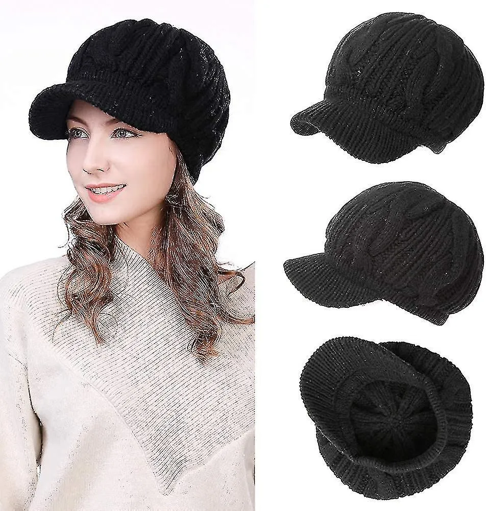 Women's 100% Wool Knit Visor Beanie Newsboy Cap Cold Weather Warm Winter Hat