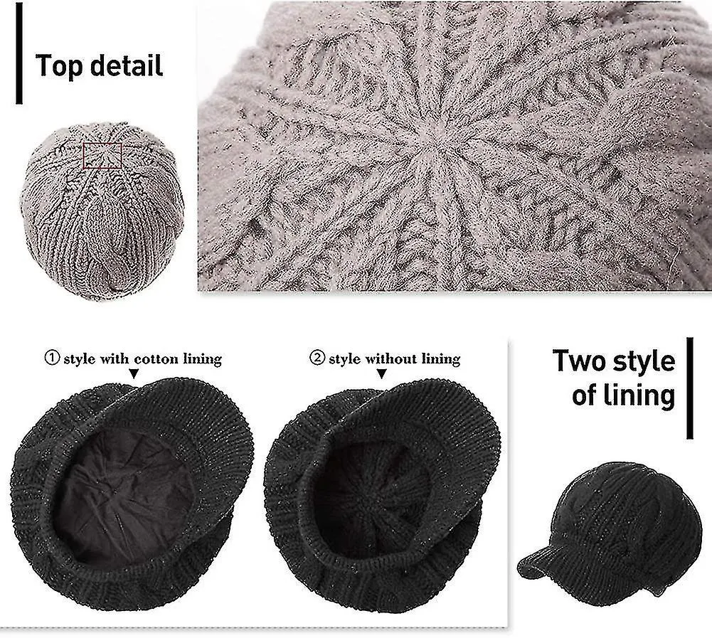 Women's 100% Wool Knit Visor Beanie Newsboy Cap Cold Weather Warm Winter Hat