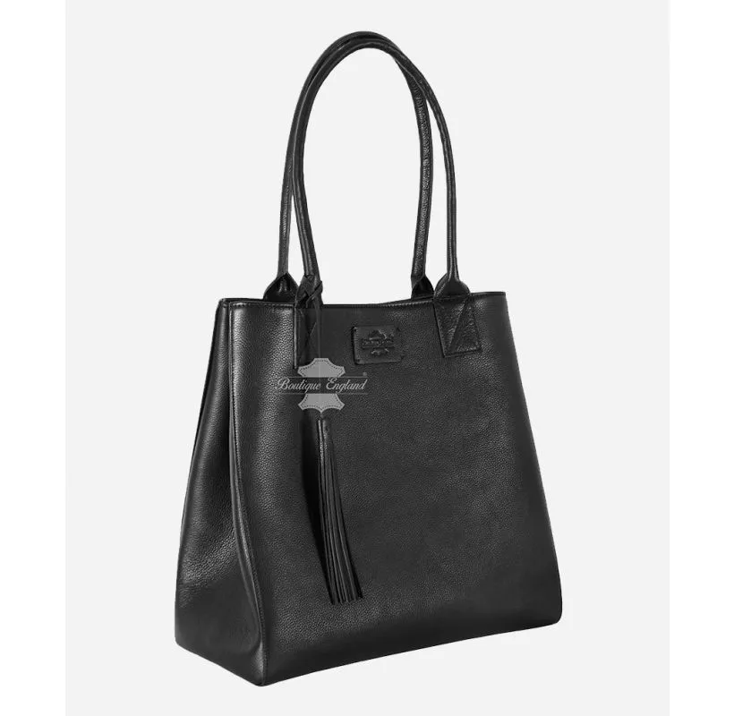 Women's Shopping Bag Premium Cowhide Leather Black Shoulder Tote Bag