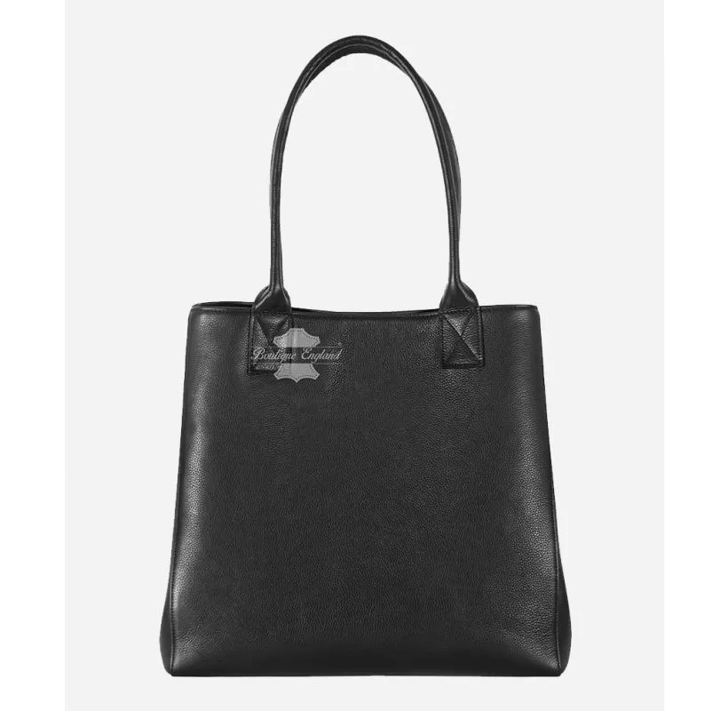 Women's Shopping Bag Premium Cowhide Leather Black Shoulder Tote Bag